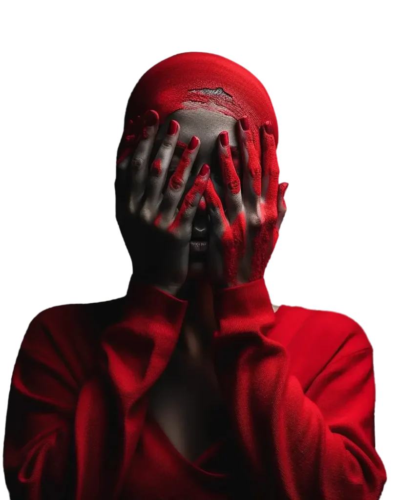 woman red hoodie covers her face with her hands covering her face
